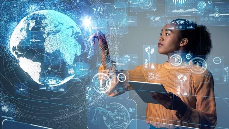 mulher interage com um display tecnológico baseado em inteligência artificial