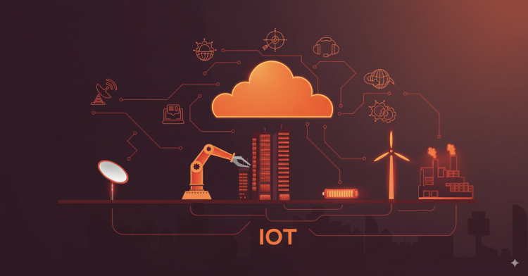 Ilustração de tecnologia IoT com dispositivos conectados, incluindo painel solar, turbina eólica, robô e nuvem de armazenamento