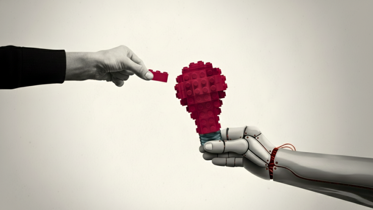 Imagem ilustrativa de inteligência artificial sob demanda com mãos robóticas trocando uma peça de LEGO que forma uma lâmpada, símbolo de inovação tecnológica.