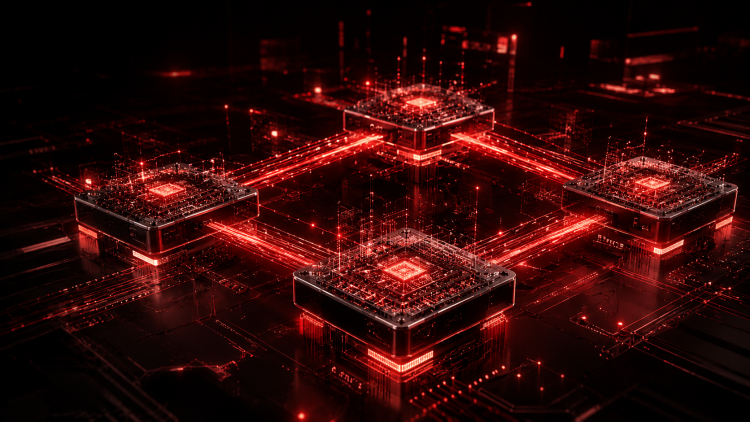 Cenário de computação quântica com circuitos e chiplets em um suporte de laboratório, com cabos e feixes de dados luminosos em tom vermelho, ilustrando IBM - computação quântica.